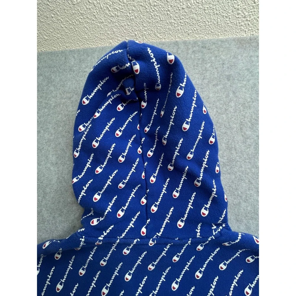 Champion Reverse Weave Hoodie Royal Blue All Over Script Logo Print Mens Large